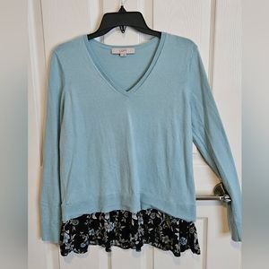 Loft long sleeved blue sweater with patterned chiffon on bottom